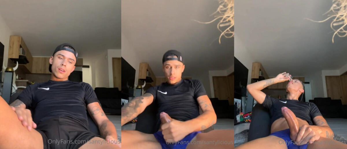 Santylicious jerks his massive cock, fills up a shot glass, and drinks it