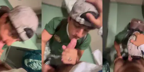 Young Brazilian sucks cock in the public bathroom and swallows a load