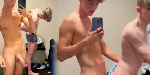 Svandylove and Aiden_official fool around and jerk off in the changing room