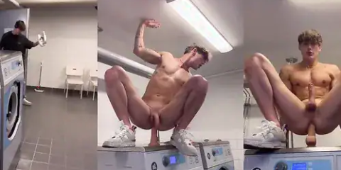 Melvin Moore jerks off and fucks himself with a dildo in the public laundry