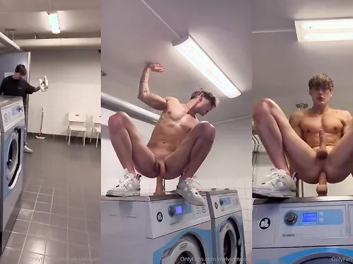 Melvin Moore jerks off and fucks himself with a dildo in the public laundry
